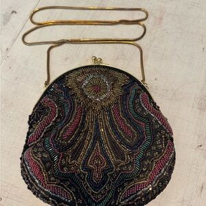 Elegant Black Beaded Evening Bag Clutch Gold Chain Vintage
